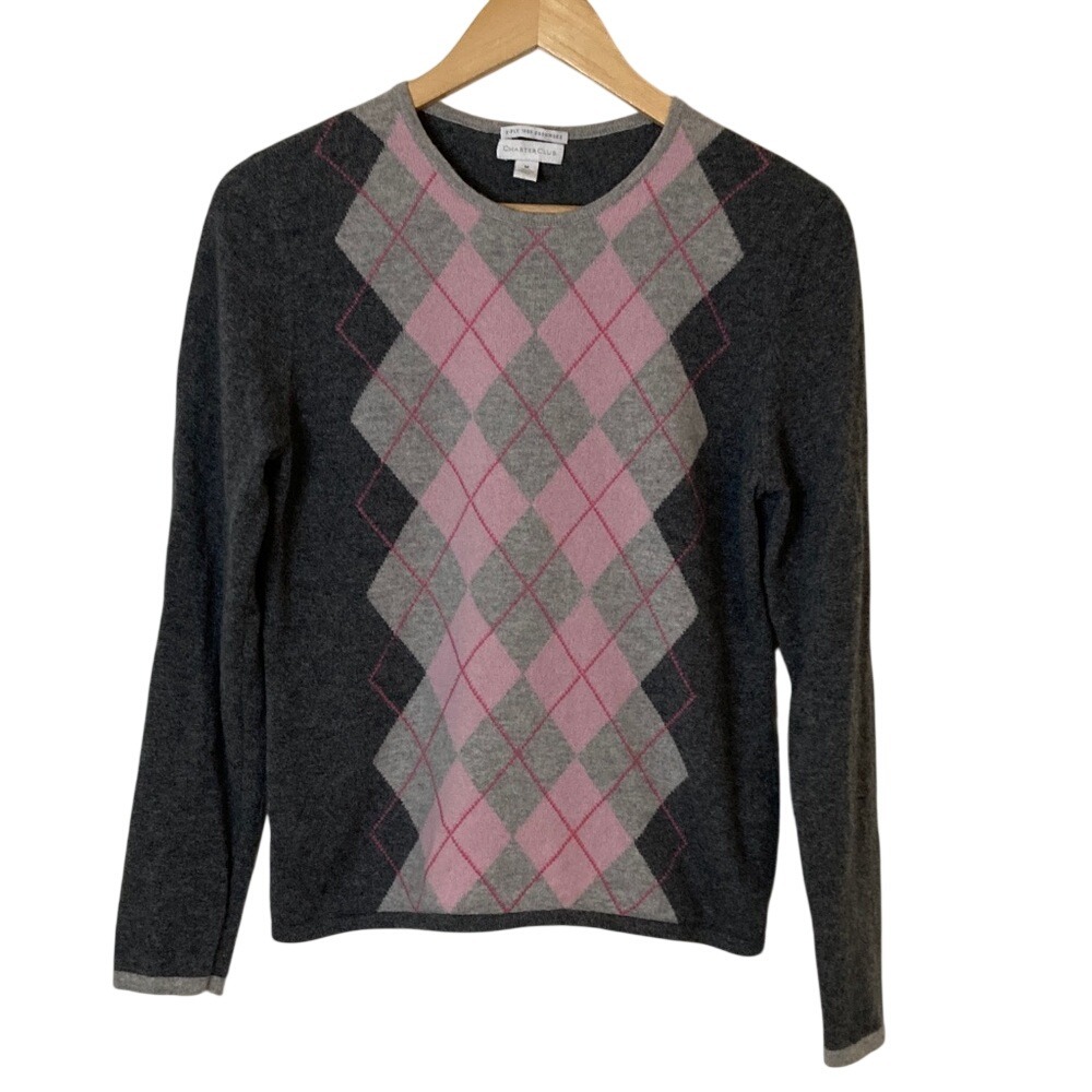 Charter Club Womens‎ Gray Pink Argyle 2 Ply Cashmere Sweater Size Medium Classic